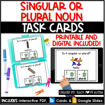 Preview of Singular and Plural Nouns | Grammar | Reading Printable Task Cards | Boom Cards