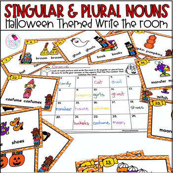 Preview of Plural Nouns Halloween Grammar Activity Write the Room