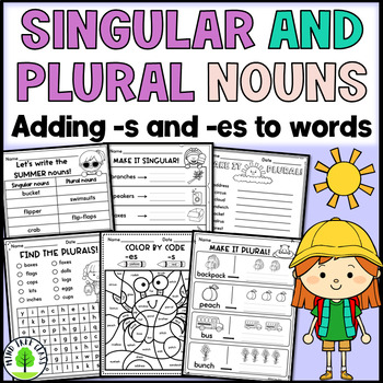 Preview of Summer Singular and Plural Nouns Worksheets: -s or -es