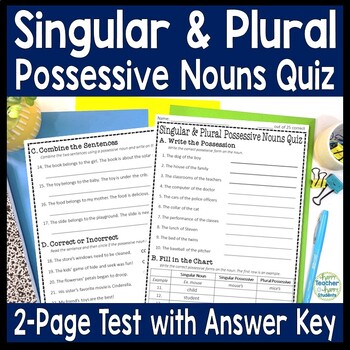 Preview of Singular and Plural Possessive Nouns Test | Two-Page Possessive Nouns Quiz
