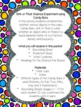 Sink Or Float Candy Bar Experiment by Pride and Joy in Primary | TPT