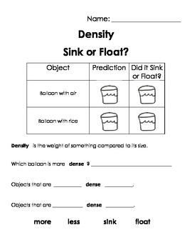 Sink Or Float Density And Volume Worksheet