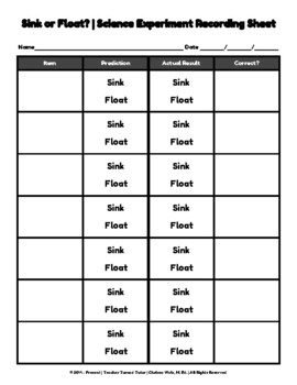 Sink Or Float Science Experiment Recording Sheet