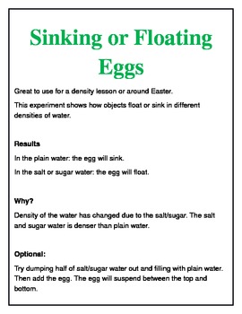 Sinking Or Floating Eggs Experiment Data Sheet