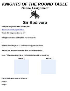 Preview of Sir Bedivere "Knight of the Round Table" Online Assignment