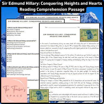 Preview of Sir Edmund Hillary: Conquering Heights and Hearts Reading Comprehension Passage