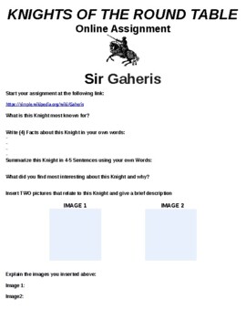 Preview of Sir Gaheris "Knight of the Round Table" Online Assignment