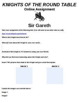 Preview of Sir Gareth "Knight of the Round Table" Online Assignment
