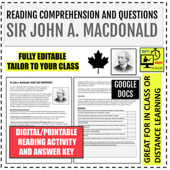 Preview of Sir John A. Macdonald: Reading Comprehension and Questions (Editable/Answers)