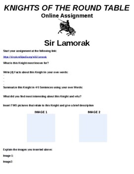 Preview of Sir Lamorak "Knight of the Round Table" Online Assignment