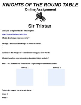 Preview of Sir Tristan "Knight of the Round Table" Online Assignment