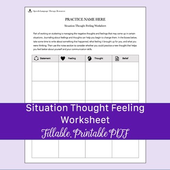 Preview of Situation Thought Feeling Worksheet for Stuttering Speech Therapy | Fillable PDF
