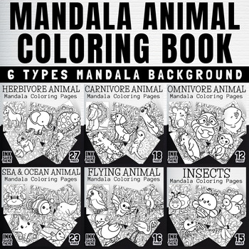 Preview of Six Animal Types Mandala Coloring Pages From Land To Sky To Ocean Worksheets