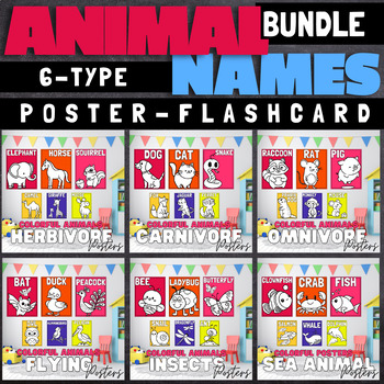 Preview of Six Animal Types Rainbow Posters & Flashcards with Names From Land, Sky To Ocean