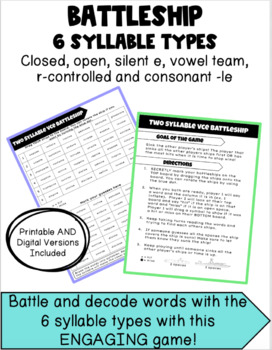 Preview of Six Syllable Types Battleship Game Printable and Digital