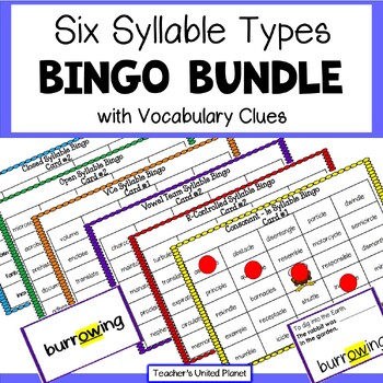 Six Syllable Types Bingo Bundle for Big Kids with Vocabulary Clues + Easel