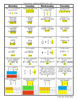 Weekly Math Review Q2 3 Answer Key 5th Grade