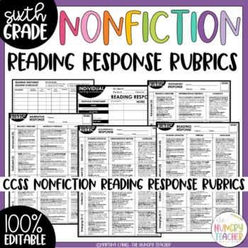 Preview of Sixth Grade Literary Nonfiction Reading Response Rubrics Editable CCSS