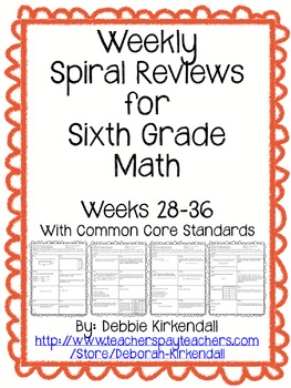 Sixth Grade Weekly Math Spiral Reviews (Weeks 28-36) by Deborah Kirkendall
