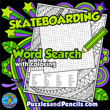 Preview of Skateboarding Word Search Puzzle Activity with Coloring | Summer Games