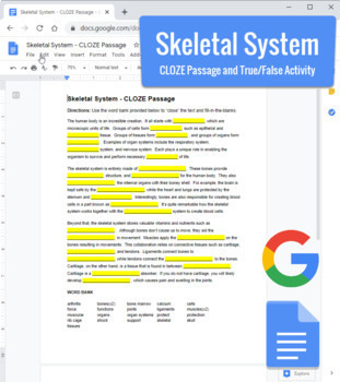 Preview of Skeletal System - CLOZE Passage and True/False in Google Docs