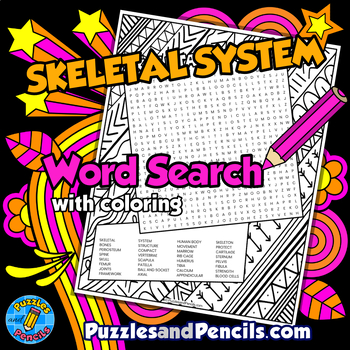 Preview of Skeletal System Word Search Puzzle Activity Page with Coloring | Human Body