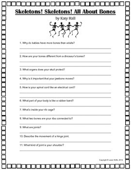 Preview of Skeletons! Skeletons! All About Bones by Katy Hall Questions- Common Core