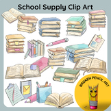 Sketchy Watercolor School Supply Clip Art, Book Stacks, No