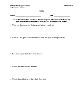 Preview of Skin Article (Reading Level 1) Comprehension Worksheet