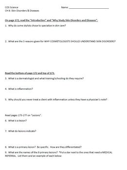Preview of Skin Disorders & Diseases Guided Reading Worksheet - Cosmetology Science