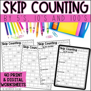 skip counting numbers worksheets by 5s by 10s and by 100s tpt