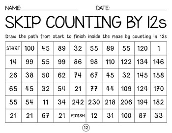 Skip Counting By (in 11s, 12s, 25s) Mazes worksheets with Answer Key