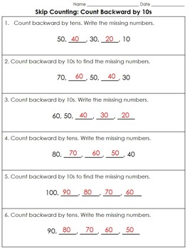 Skip Counting: Count backward by 10s (Missing Numbers) Practice Sheets