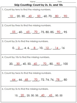 Skip Counting: Count by 2s, 5s, and 10s (Missing Numbers) Practice Sheets