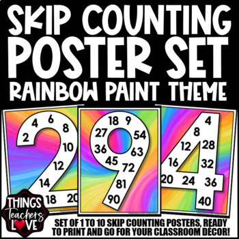 Preview of Skip Counting Math Posters 1 to 10 - RAINBOW PAINT CLASSROOM DECOR