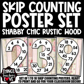 Preview of Skip Counting Math Posters 1 to 10 - SHABBY CHIC RUSTIC WOOD CLASSROOM DECOR