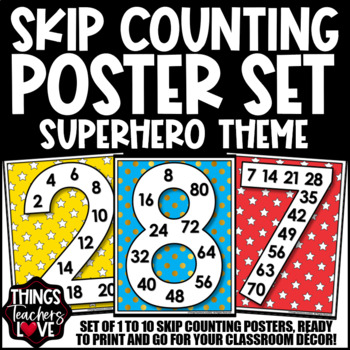 Preview of Skip Counting Math Posters 1 to 10 - SUPERHERO CLASSROOM DECOR