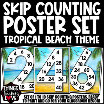 Preview of Skip Counting Math Posters 1 to 10 - TROPICAL BEACH CLASSROOM DECOR