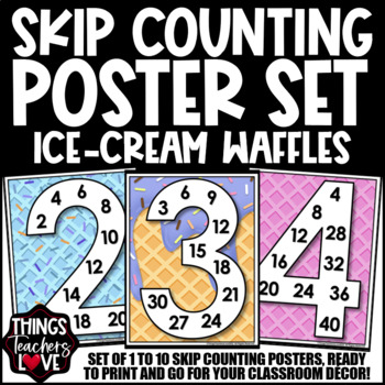 Preview of Skip Counting Math Posters 1 to 10 - WAFFLES ICE-CREAM CLASSROOM DECOR