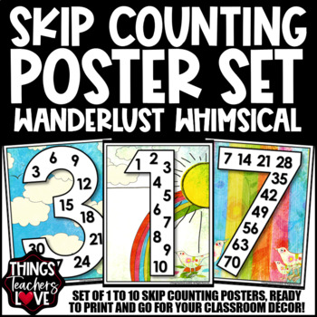 Preview of Skip Counting Math Posters 1 to 10 - WANDERLUST WHIMSICAL CLASSROOM DECOR