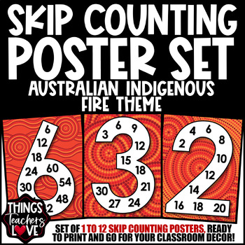Preview of Skip Counting Math Posters 1 to 12 - AUSTRALIAN INDIGENOUS - FIRE THEME