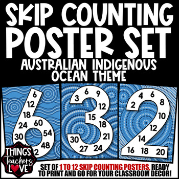 Preview of Skip Counting Math Posters 1 to 12 - AUSTRALIAN INDIGENOUS - OCEAN THEME