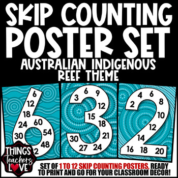 Preview of Skip Counting Math Posters 1 to 12 - AUSTRALIAN INDIGENOUS - REEF THEME