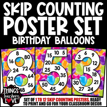 Preview of Skip Counting Math Posters 1 to 12 - BIRTHDAY BALLOONS - HAPPY BIRTHDAY THEME