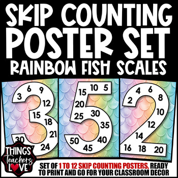 Preview of Skip Counting Math Posters 1 to 12 - RAINBOW FISH SCALES CLASSROOM DECOR