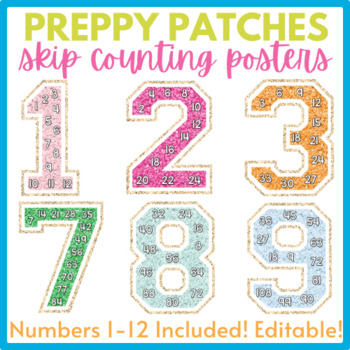 Preview of Skip Counting Multiple Posters | Preppy Chenille Patches | Editable!