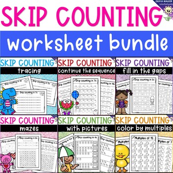 Preview of Skip Counting Worksheets Bundle, pictures, tracing, fill in the gaps, mazes more