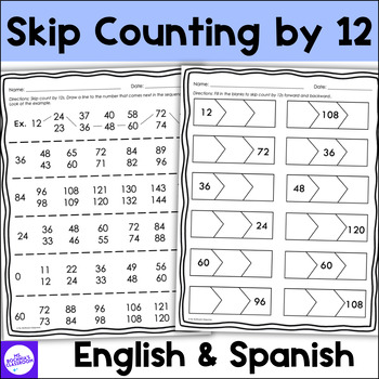 Preview of Skip Counting by 12 Practice Worksheets | Contar de 12 en 12 | English & Spanish