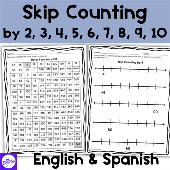 Preview of Skip Counting by 2-10 Worksheets Bundle YEARLONG Practice English & Spanish