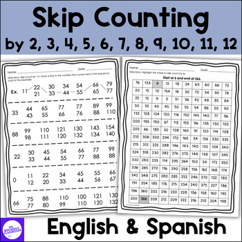 Preview of Skip Counting by 2-12 Math Worksheets Bundle YEARLONG Practice English & Spanish